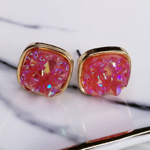 Rose Pink Iridescent Square Druzy Stud Earrings